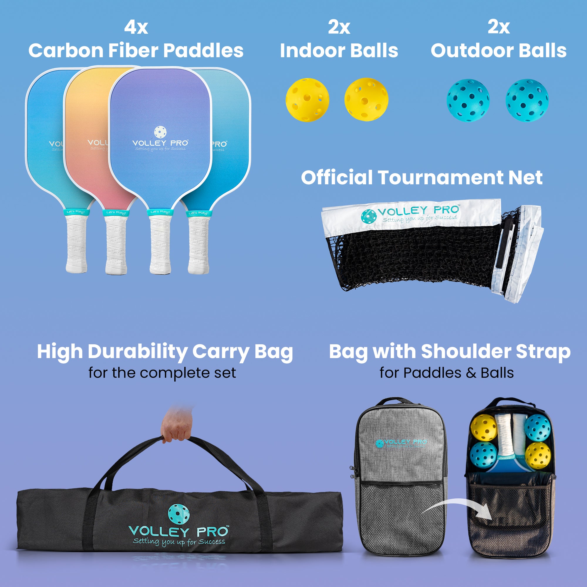 Complete Pickleball Set with Net | High Quality Carbon Fiber Paddles