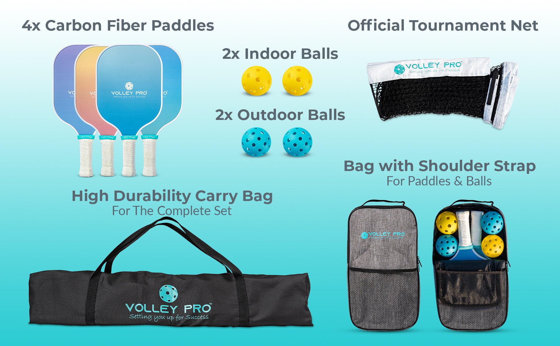 Portable Pickleball Set with official tournament Net | 4 USAPA Approved Carbon Fiber Paddles