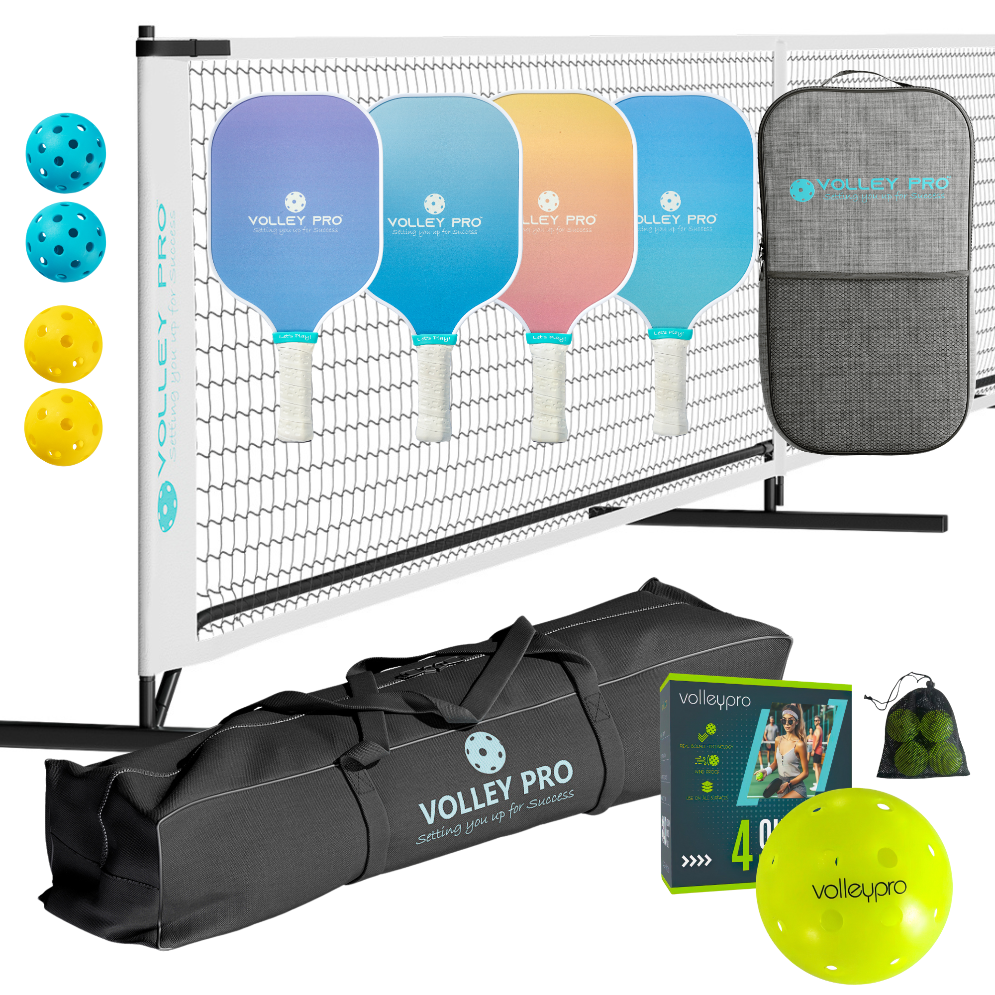 BUNDLE: Pickleball Set with 4 Paddles and Net & 4 High quality Outdoor Balls